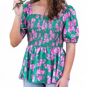 🌸JODIFL Peplum Smock Top | Green & Pink Floral | Size M | Flirty & Fun! 🌿🌷